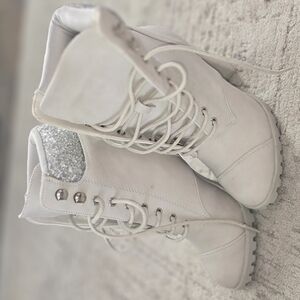 Women's White Lace-Up Boots with Glitter Detail